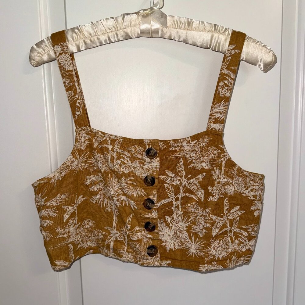 American Eagle Yellow Cropped Tank Top Medium Palm Tree Graphic Summer Y2K